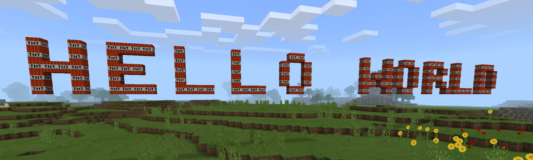 Hello world printed in Minecraft with TNT blocks.