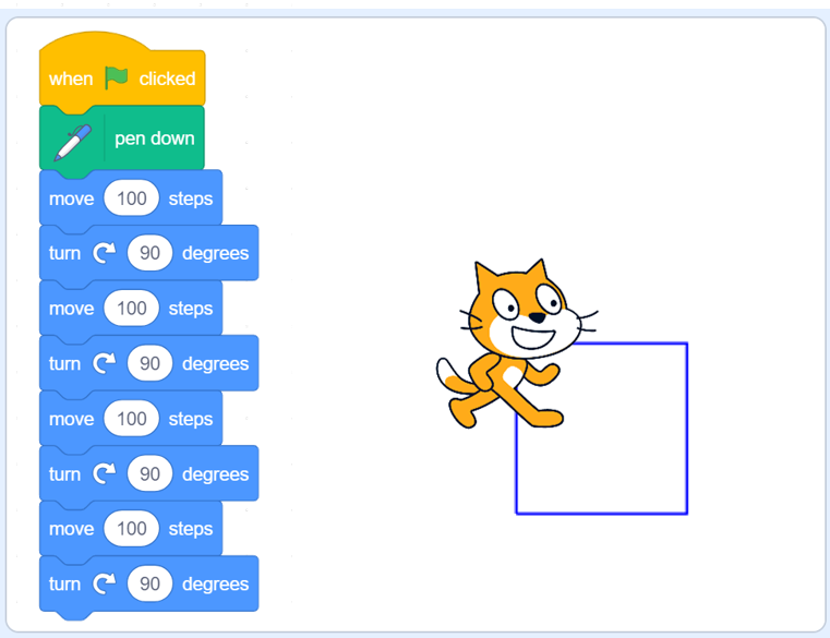 Simple solution to creating a square using the turtle library in Scratch.